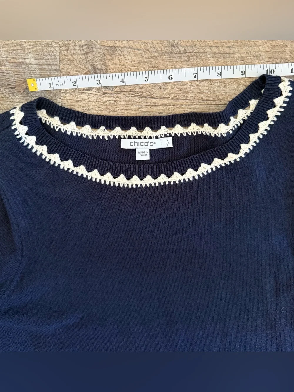 Chicos 2 US Large Navy Blue Knit Pullover Sweater Embroidered Eyelet Sleeves